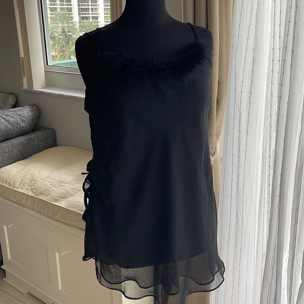 FANTASIES Mini Slip Dress baby doll with Feathers Black S